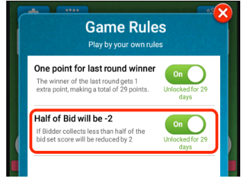 on/off half bid point rule in the 29 card game